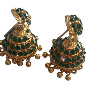 Jhumka Earrings Bollywood Handcrafted Floral Mesh Gold Tone & Green Jeweled